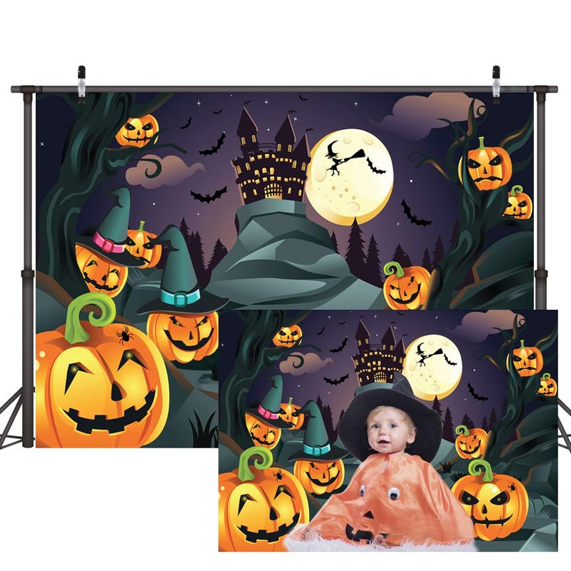 CYLYH 7x5ft Halloween Themed Photography Backdrop Castle Pumpkin Head Bats Moonlight Background Halloween Party Banner - Image 1
